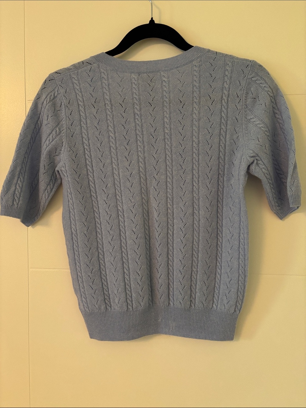 Cashmere Clouds Sky Blue V-Neck Short Sleeve Cable Sweater - Picture 2 of 4